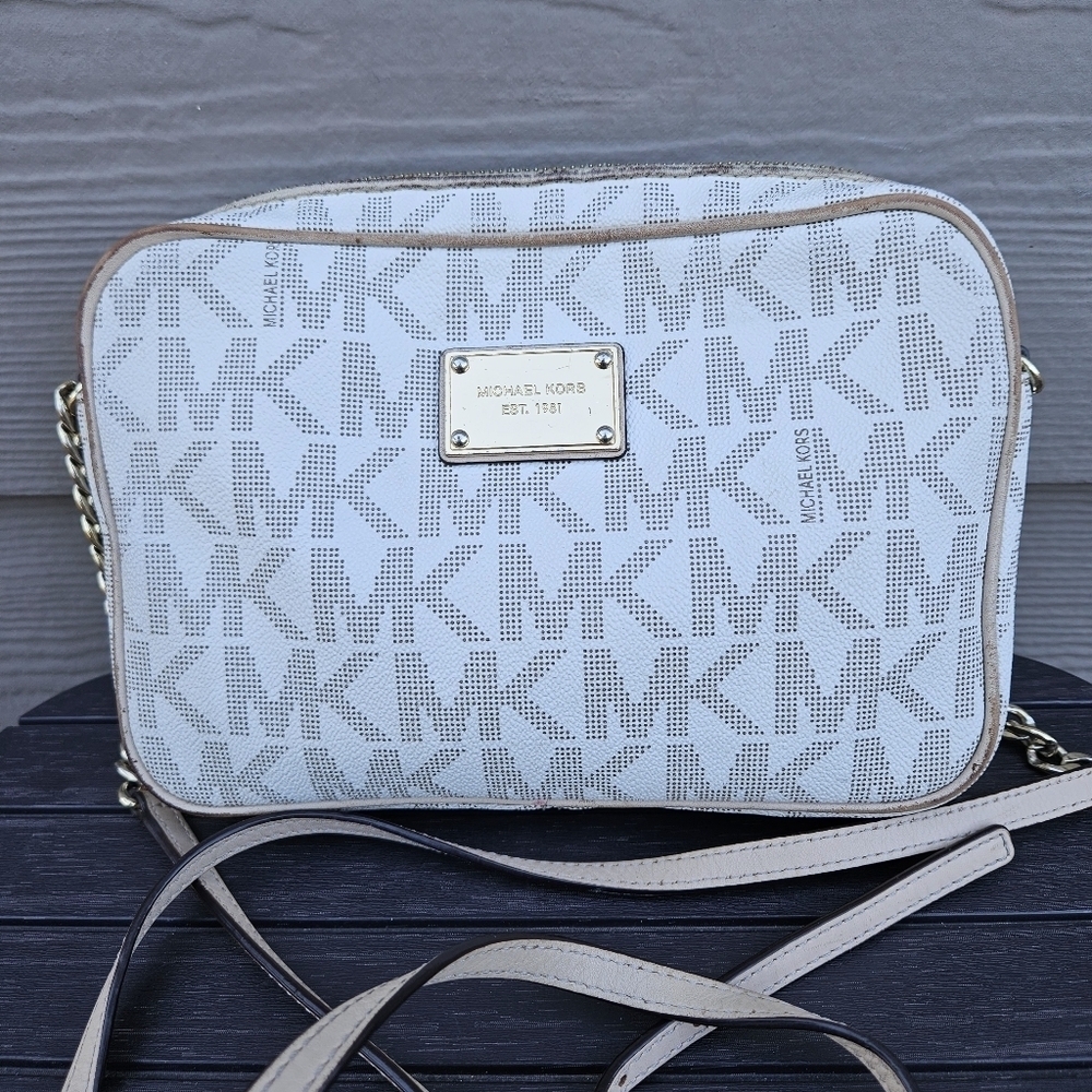 Michael Kors White Fulton Monogram Logo Crossbody Purse Gold Chain Small Bag